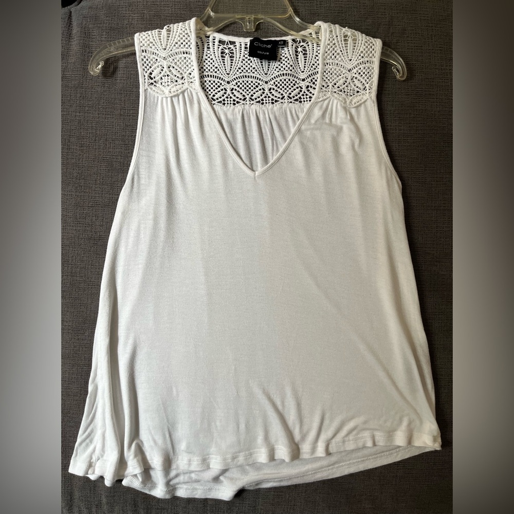 White Boho Sleeveless Top with Crochet Detail Size XS Summer Festival Style
